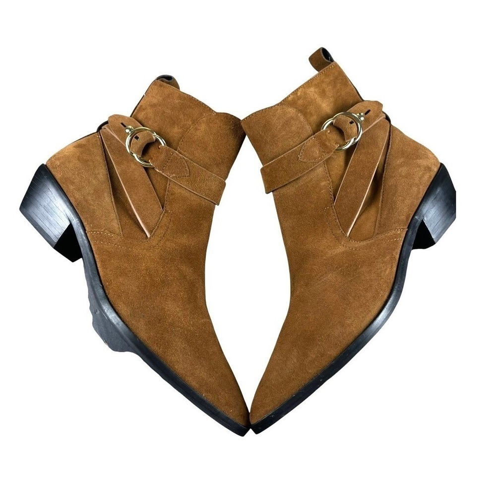 Rebecca Minkoff Suede Ankle Boots Women 8.5M Brown Good Western Buckle Pointed - Picture 11 of 15
